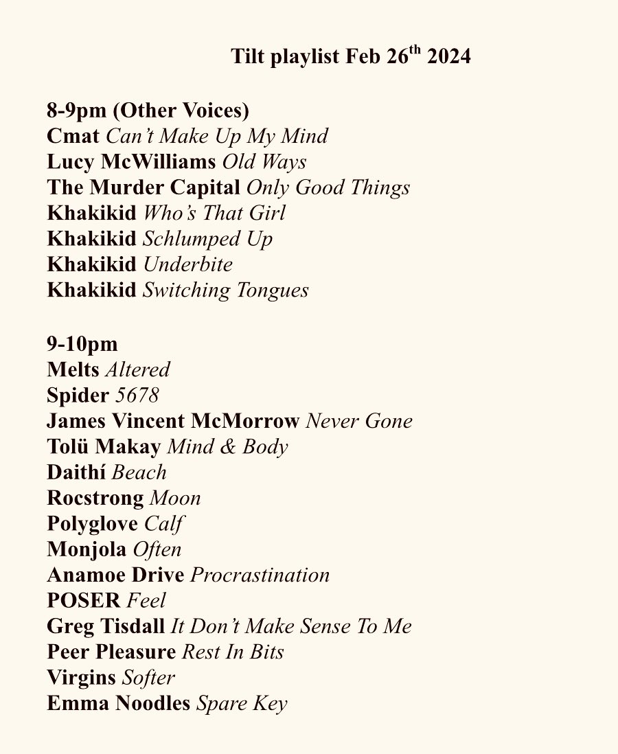 Last night’s Tilt featured chats with Philip King from Other Voices (series 22 starts this Thursday on RTE 2) and Khakikid. This week’s playlist featured lots of great new releases. You can listen back here: open.spotify.com/episode/1k8STv…