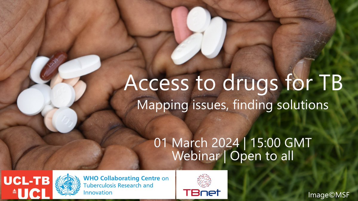 This Friday 1st March: 'Access to Drugs for TB: Mapping Issues, Finding Solutions webinar', 1500 GMT. (with @TBnet_EU) ucl.ac.uk/tb/access-drug…. Speakers: @Christo51566018, David Branigan (@TAGTeam_Tweets), @tizmasini, Tifenn Humbert (@WHO_Europe) #tuberculosis