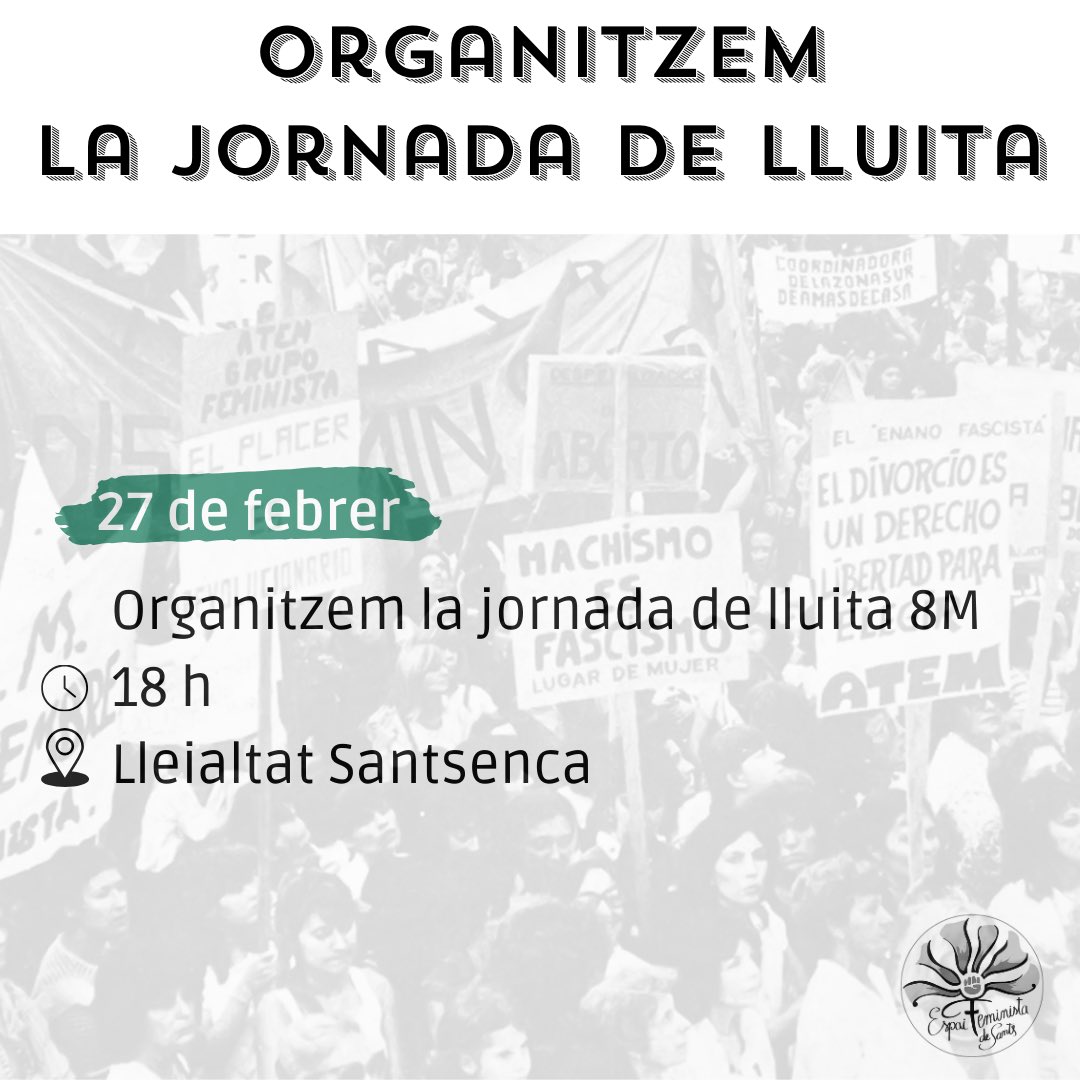 📢 Seguim preparant la jornada de lluita- 8M.

🟣 Vols preparar propostes i accions pels dies previs i pel 8M? 

🟣 Tens ganes de conèixer l’Espai Feminista de Sants? 

Vine i participa de la manera que et sentis còmode! 

🕑 18:00h 
📍La Lleialtat Santsenca 

Som-hi!!