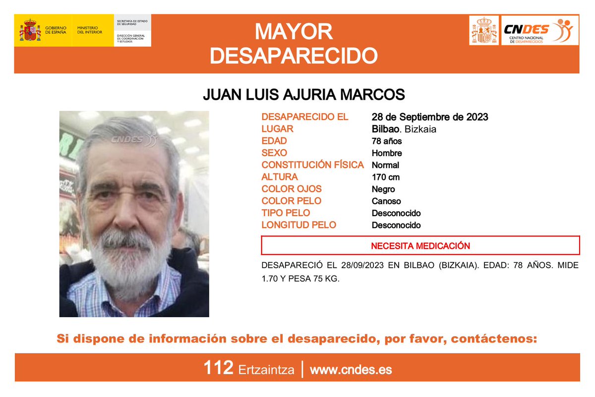 QSDglobal's tweet photo. CINCO MESES SIN RASTRO DE JUAN LUIS AJURIA MARCOS 

Juan Luis tiene 78 años y está #desaparecido desde el 28 de septiembre en #Bilbao 

#TodosYTodoPorEncontrarlo https://t.co/AsaCnFd9Cm