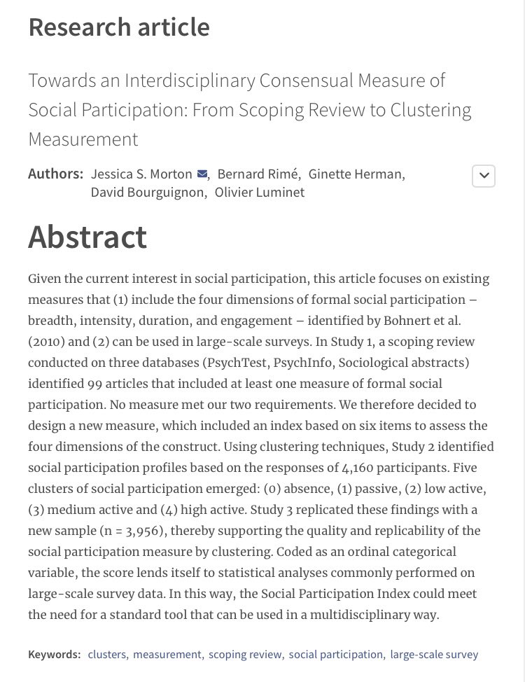 irsp_rips (@irsp_rips) on Twitter photo ‼️🧐 Another publication just fresh out of the oven: Jessica S. Morton, Bernard Rimé, Ginette Herman, David Bourguignon and <a href="/luminetolivier/">Luminet Olivier</a>
"Towards an Interdisciplinary Consensual Measure of Social Participation: From Scoping Review to Clustering Measurement" 👇👇 ‼️🧐 Another publication just fresh out of the oven: Jessica S. Morton, Bernard Rimé, Ginette Herman, David Bourguignon and <a href="/luminetolivier/">Luminet Olivier</a>
"Towards an Interdisciplinary Consensual Measure of Social Participation: From Scoping Review to Clustering Measurement" 👇👇