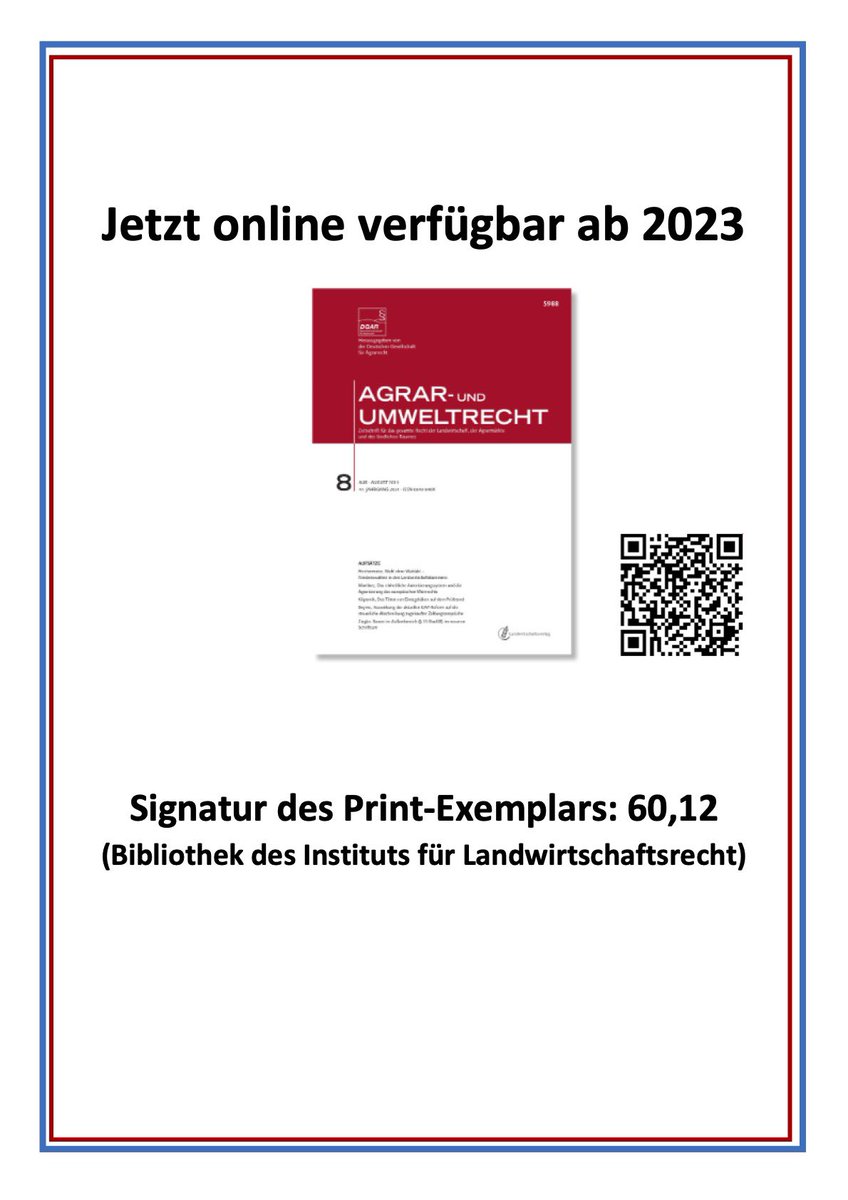 Neuigkeiten ‼️

Die AGRAR- UND UMWELTRECHT ist jetzt auch online verfügbar! Selbstverständlich finden Sie die Zeitschrift weiterhin in unserer Bibliothek als Print Exemplar. Die AUR bietet eine Übersicht über den Stand der Wissenschaft, Rechtsprechung und Praxis des Agrarrechts.
