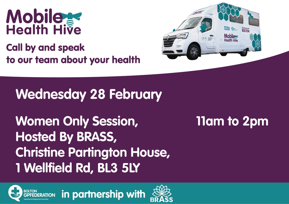 The mobile Health Hive will be out tomorrow at BRASS, Christine Partington House, 1 Wellfield Road BL3 5LY from 11am-2pm. Please note this is a women-only session. Other dates and locations can be found here boltongpfed.co.uk/healthhive/