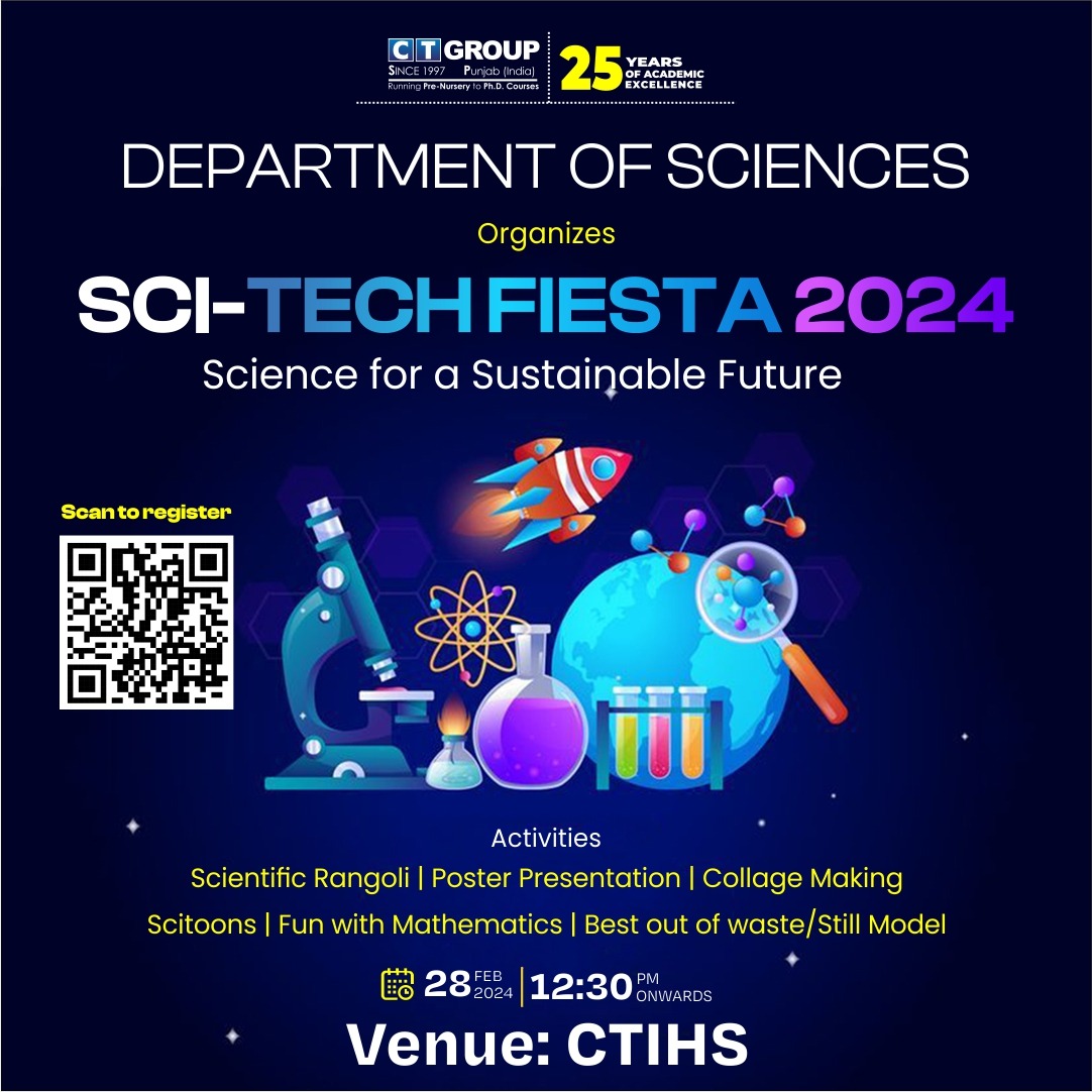 Join Us at SCI-TECH FIESTA 2024!

Science for a Sustainable Future

Date: 28th Feb 2024  
Time: 12:30 PM onwards  
Venue: CTIHS  

#ctgroup #scitechfiesta #fiesta2024 #ctevent #shahpur #southcampus