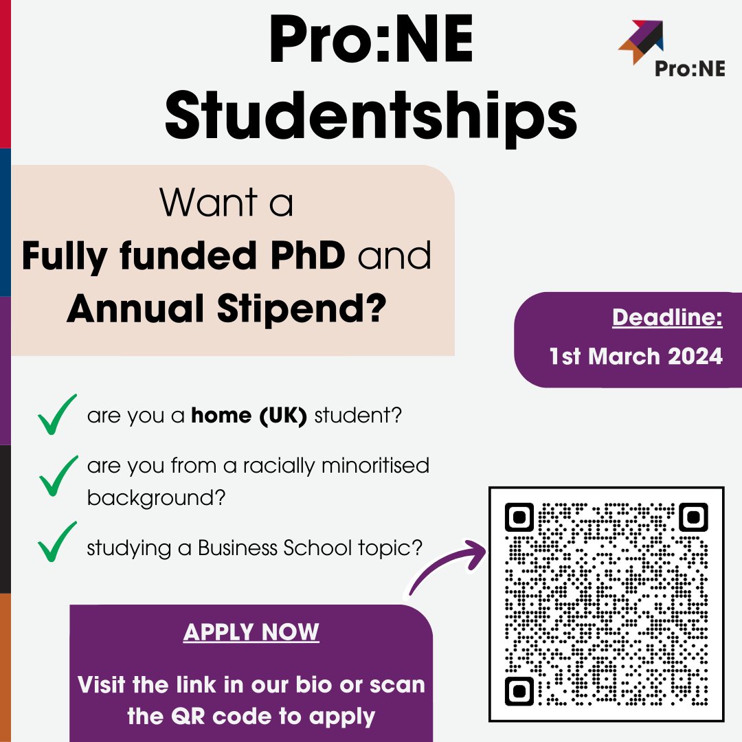 Last chance to apply for Pro:NE Studentships before the deadline: 1st March 2024! You could be eligible for a fully funded PhD and annual stipend! Visit the Pro:NE Studentships page for more info and how to apply: durham.ac.uk/study/postgrad…