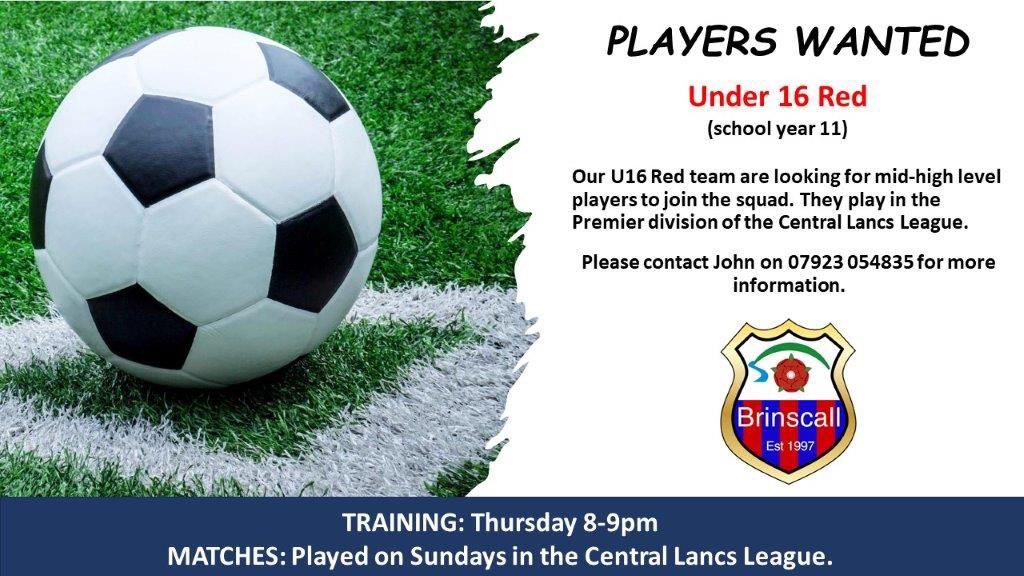 Our U16 Red team are looking for players to join their squad. Please contact John for more information.