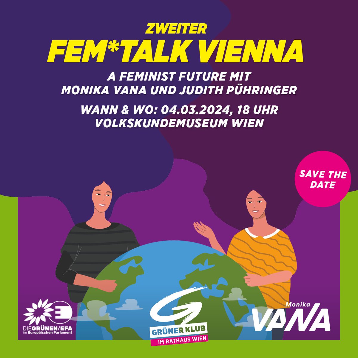 Nächsten Montag, am 4.3., laden <a href="/MonikaVana/">Monika Vana</a> &amp; <a href="/j_puehringer/">Judith Pühringer</a> zum Zweiten Fem*Talk Vienna🥳 
Tausche dich aus mit Politiker:innen &amp; Expert:innen aus der Zivilgesellschaft und beteilige dich aktiv an Veränderung! #FeministFuture

Mehr Infos &amp; Registrierung ⬇️
eventbrite.com/e/zweiter-femt…