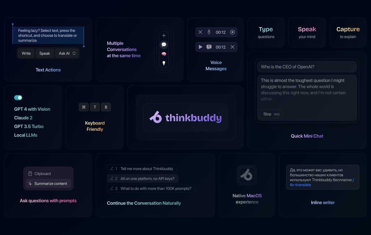 thinkbuddyai's tweet image. We&apos;re coming to transform your interaction with AI!

✴️ Access GPT-4 with a click,
🎙️ Save time w/ voice commands,
📸 Take screenshot and &amp;amp; question,
📚 Speed up with prompt library,
💬 Quick chat for a siri-like experience,

and many more features, all free at Thinkbuddy!…