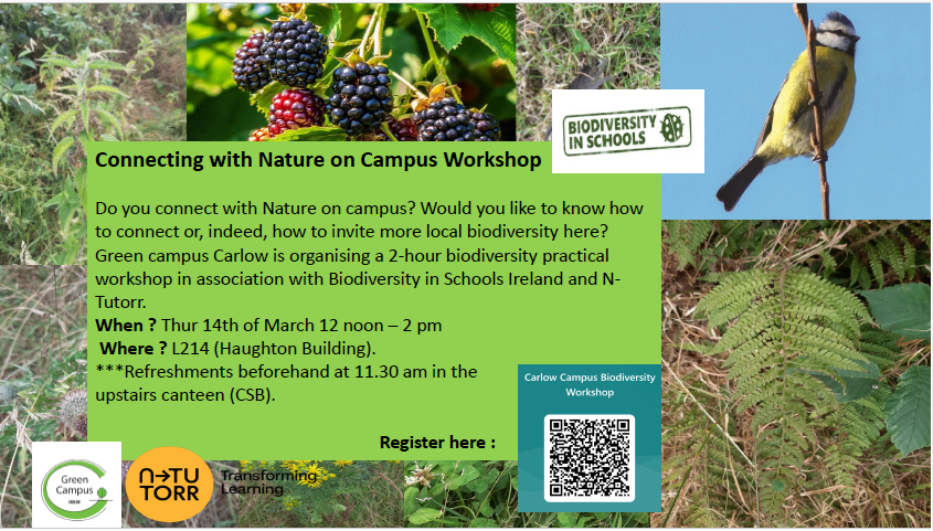 Do you connect with Nature on campus?  Would you like to learn more about your local biodiversity? Check out this upcoming workshop on the <a href="/SETUIreland/">South East Technological University</a>  Carlow campus as part of our #Greenweek2024 <a href="/SETUCWGreenCamp/">SETUCWGreenCampus</a>  <a href="/ntutorr/">N-TUTORR</a> <a href="/GreenCampusIE/">Green Campus Ireland</a>