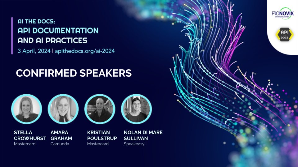 We're thrilled to share new confirmed speakers for AI The Docs 2024: Stella Crowhurst, Kristian Poulstrup, @MissAmaraKay, @ndimares 💥 Get your Early Bird ticket to make sure you catch their talks: ti.to/pronovix/ai-th… #LLMs #APIdocumentation #GenerativeAI