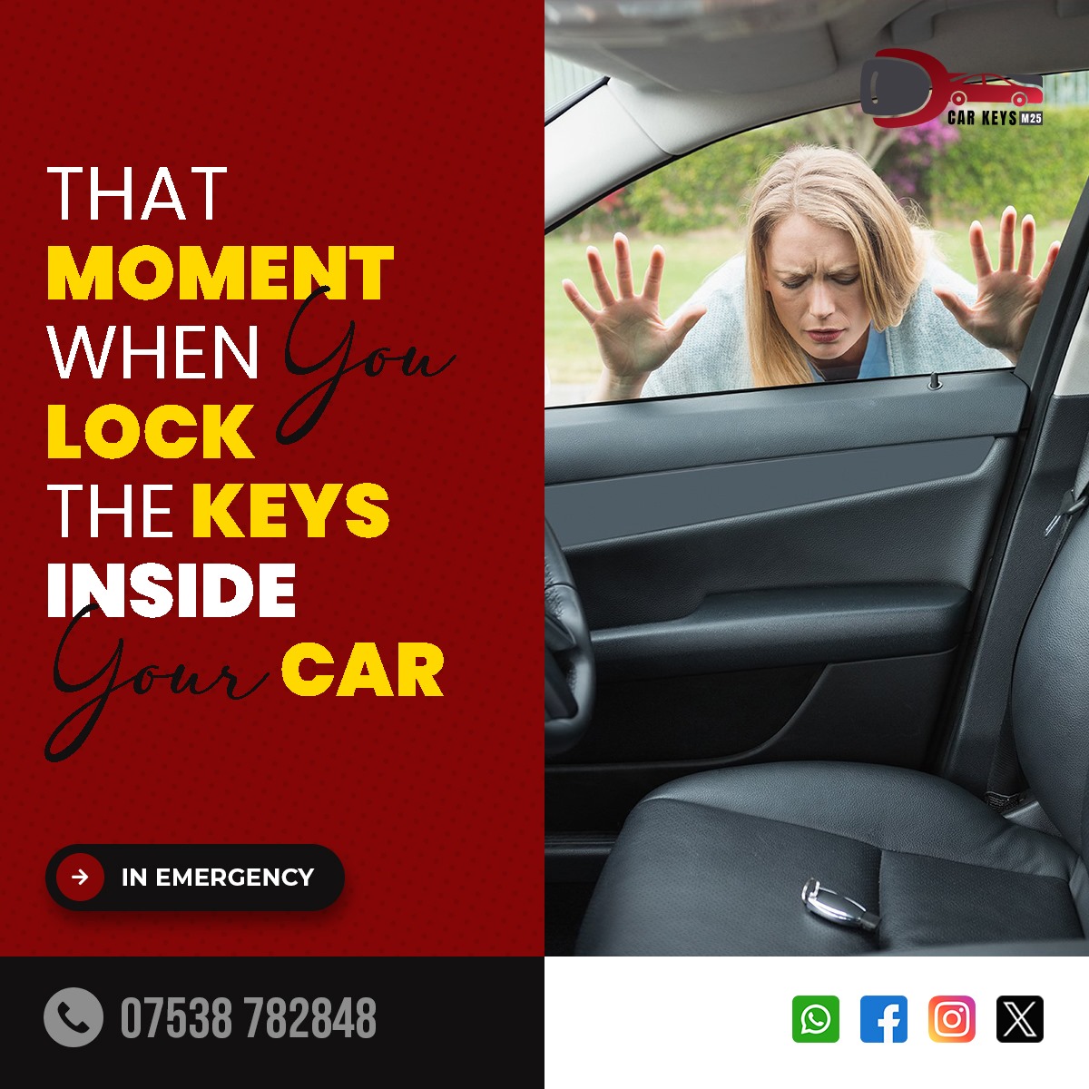 carkeysm25's tweet image. Stuck with a locked car and a sinking feeling? 😩 Let Car Keys M25 turn your day around! Contact us for expert assistance. 🚨 #LockedOutSolutions #CarKeyExperts