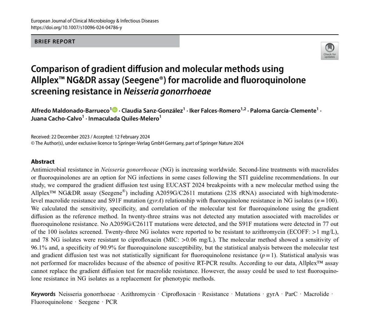 🧬We report the first comparison analysis using E-test (EUCAST breakpoints) and NG&amp;DR assay for macrolide and fluoroquinolone screening resistance in Neisseria gonorrhoeae isolates 🧫

👉🏼PCR assay showed a good correlation with phenotypic method for FQ

link.springer.com/epdf/10.1007/s…