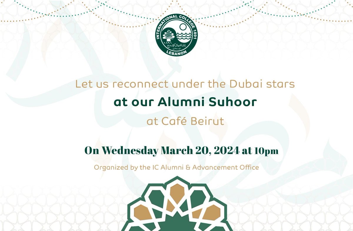 Exciting updates await! The highly anticipated IC Souhour in Dubai is approaching. Mark your calendars, share the news, & let's come together for a memorable reunion! Get your tickets now! ic.edu.lb/alumni/reunion…