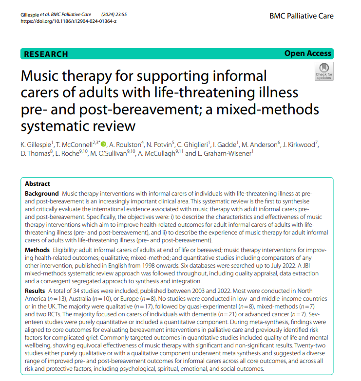 Delighted to see the second paper from our @MusicTherapyCha funded project published - a systematic review of #musictherapy pre- and post-bereavement. Many thanks to our fantastic team! Open access link- rdcu.be/dzJDW @wearechroma @CaraGhiglieri @AIIHPC