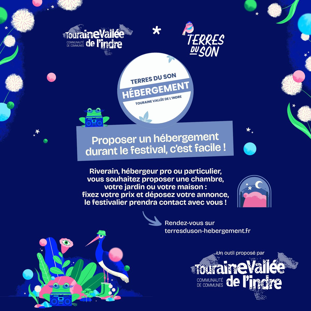 🎶Proposer un hébergement durant le festival <a href="/terresduson/">Terres du Son</a>, c’est facile !
🏠<a href="/comcomTVI/">TOURAINE VALLÉE DE L'INDRE</a>, partenaire du Festival, propose de mettre en relation les festivaliers avec des particuliers qui peuvent les héberger le temps de leur séjour.
🔗Déposer une annonce : terresduson-hebergement.fr