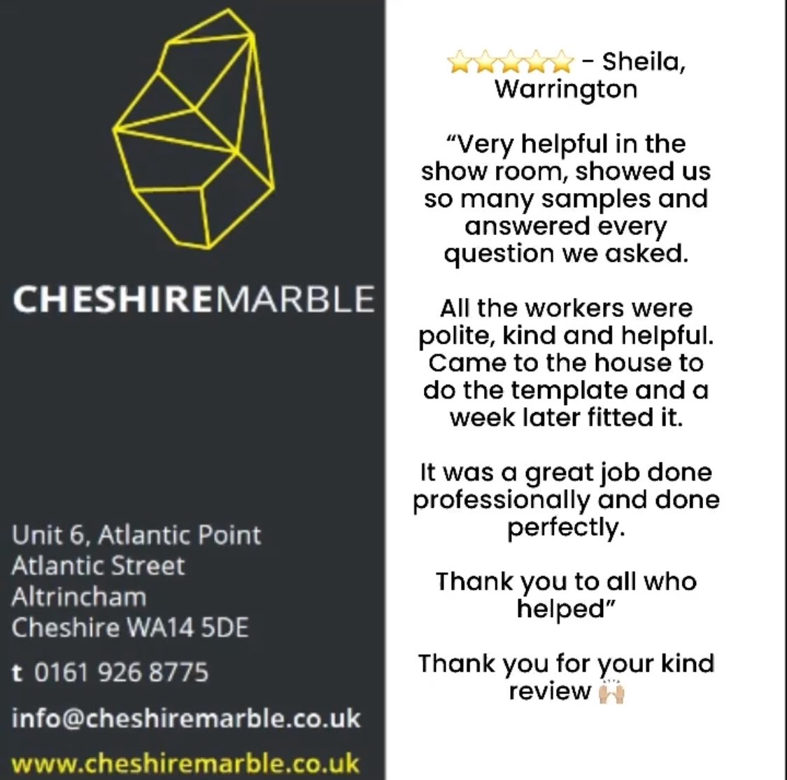 ⭐️⭐️⭐️⭐️⭐️ - Sheila, Warrington Thank you for your kind review 🙌🏼