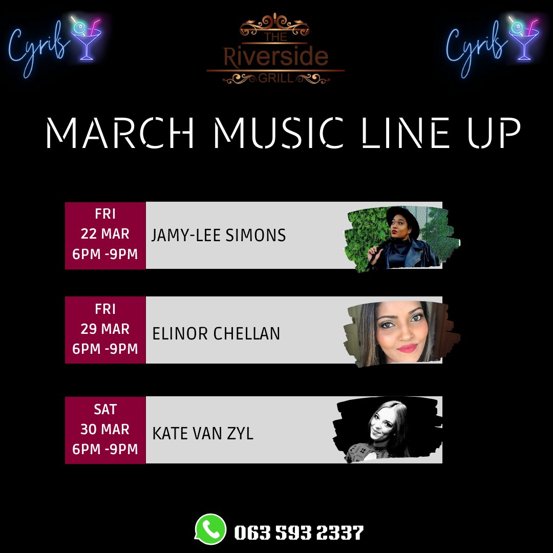 Get ready for our awesome, March Music Line up! Reserve your tables in advance by contacting fbman@riversidehotel.co.za or whatsapp 063 593 2337 #riversidegrill #livemusic #MarchMania #musicrocks #musicvenue