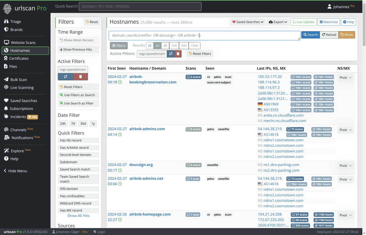 You might know us because we analyse millions of suspicious URLs every day and generate detections for more than a thousand major online brands. But did you know that we also track millions of newly created hostnames and domains as part of our urlscan Pro platform?