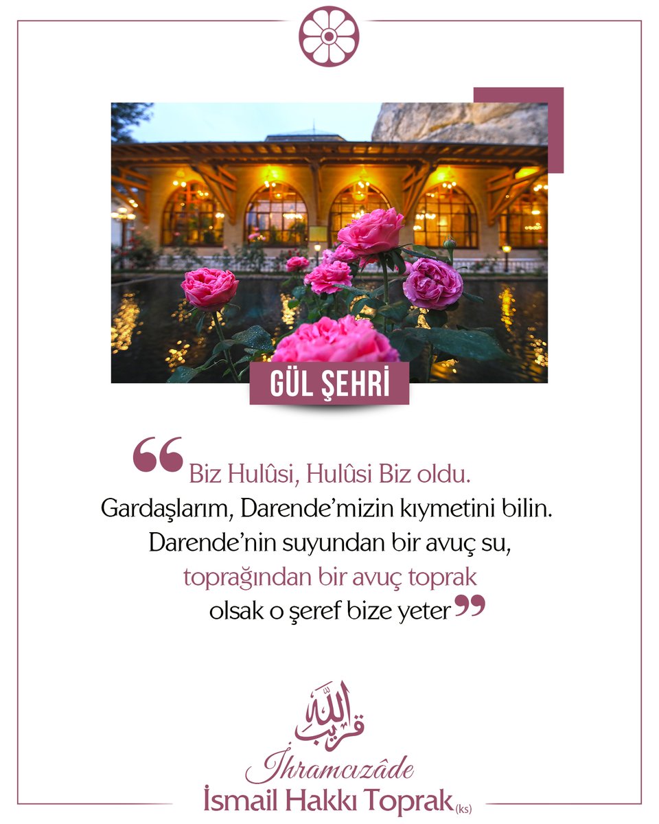 📌Biz Hulûsi, Hulûsi Biz oldu. Gardaşlarım, Darende’mizin kıymetini bilin. Darende’nin suyundan bir avuç su, toprağından bir avuç toprak olsak o şeref bize yeter.
✅ İhramcızâde İsmail Hakkı Toprak (ks)
#İhramcızade #İsmailhakkıtoprak #Sivas