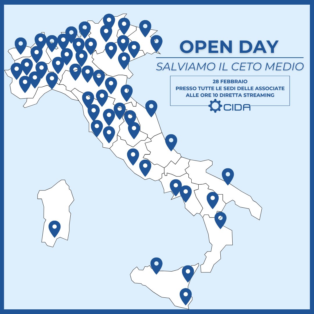 🇮🇹 Da nord a sud, passando per il centro.
📌L'#OpenDayCIDA di domani è in tutte le sedi nazionali e territoriali della Confederazione.
✍🏻L'obiettivo di CIDA? Continuare a diffondere la petizione #SalviamoIlCetoMedio
🔗Scopri dove firmare la #PetizioneCIDA: cida.it/open-day-salvi…