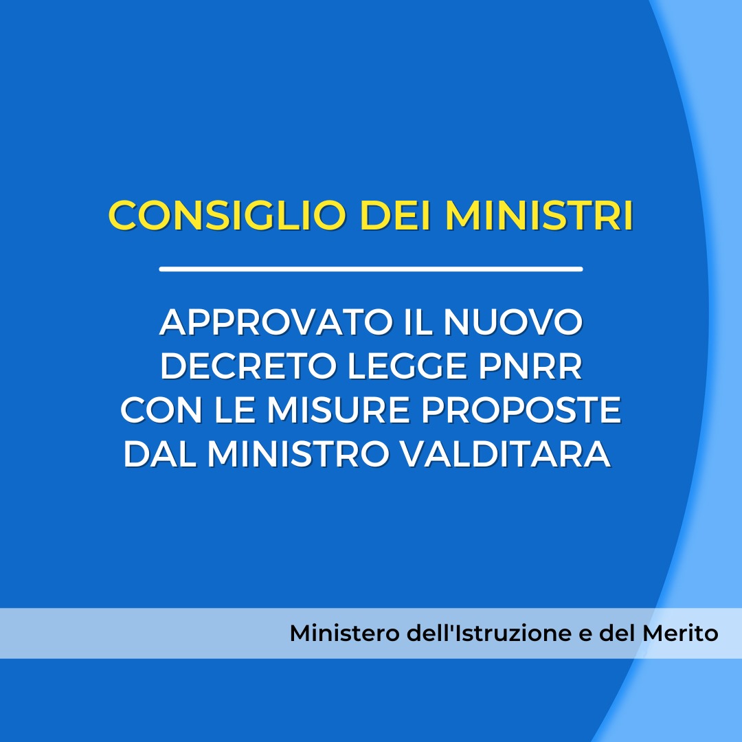 MIsocialTW's tweet photo. Nel nuovo decreto legge #PNRR, approvato dal Consiglio dei Ministri, sono presenti le misure proposte dal Ministro @G_Valditara. 

Qui tutti i dettagli ▶️ https://t.co/XbZarhPlYd https://t.co/FwcqqDLvfd