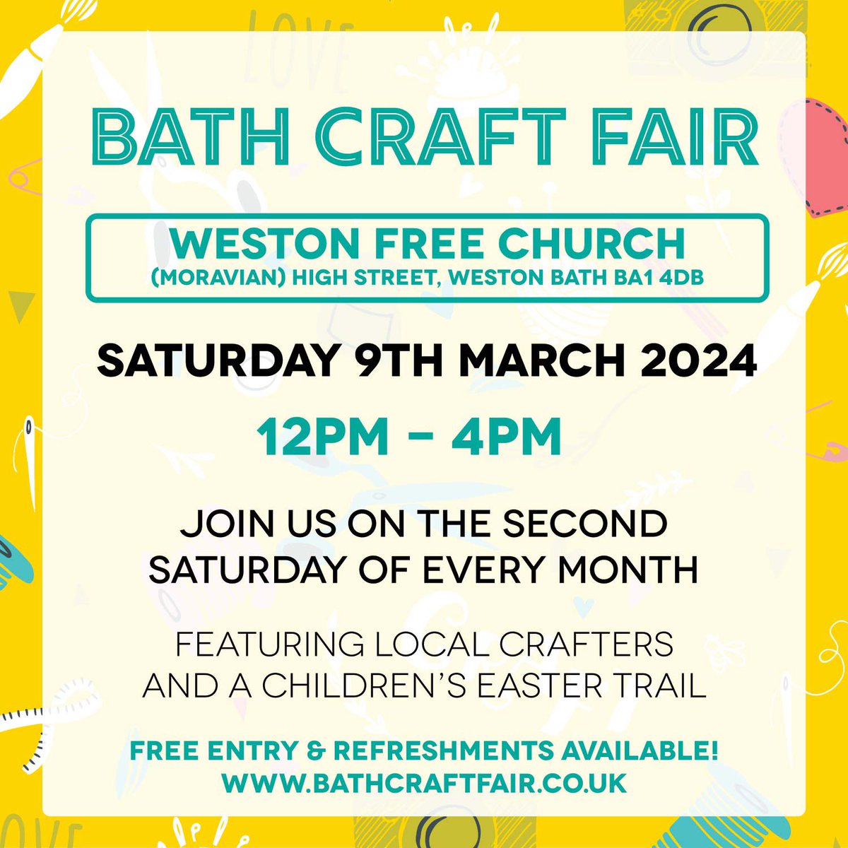 We are back at the Weston Free Church on the 9th March! We’ll have lots of local traders, homemade refreshments from the church volunteers plus an Easter trail and colouring to keep the little ones entertained! #whatsonbath #shopsmall #supportlocal #craftfair