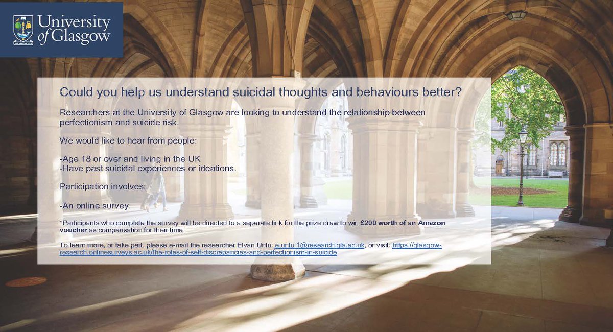 We are looking for participants for our study investigating the relationship between self-discrepancies, personality and suicide risk. For more information: glasgow-research.onlinesurveys.ac.uk/the-roles-of-s… . Thank you.