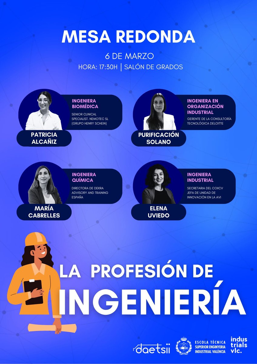 deetsii_upv's tweet photo. DAETSII y la ETSII en colaboración hemos organizado una mesa redonda con 4 ingenieras exitosas con la temática La Profesión de Ingeniería.
Hablaremos sobre la profesión y tendrás la oportunidad de preguntarles cualquier duda y formar parte del debate‼🤘🏼

🟣¡No te lo pierdas!🟣 https://t.co/0ljQ01YkWW