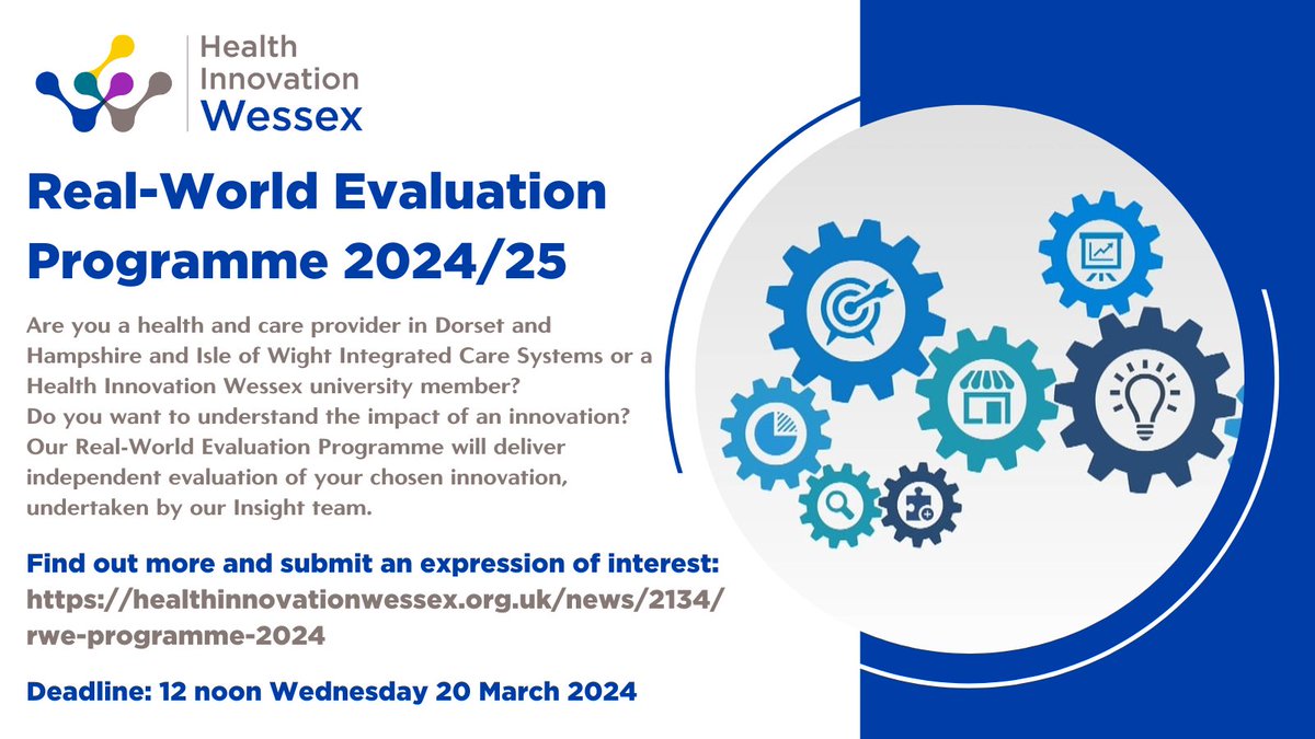 📢 Do you want to understand the impact of an innovation? We're offering free independent real-world evaluation to health and care providers and our university members in Wessex. Visit healthinnovationwessex.org.uk/news/2134/rwe-…. Apply by 12 noon Weds 20 March #evaluation