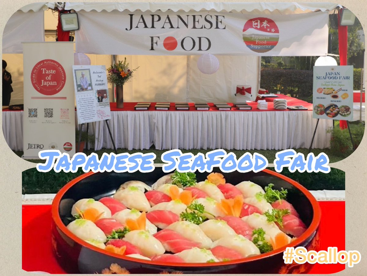JapaninIndia's tweet photo. At the #NationalDayReception, our guests enjoyed fresh and delicious #HokkaidoScallop sushi and grilled scallops!!🍣 Scallops went really well with #sake and beer from Fukushima😋🍶
#JapaneseSeaFood #LetTheScienceTalk https://t.co/3FzAAVph0G