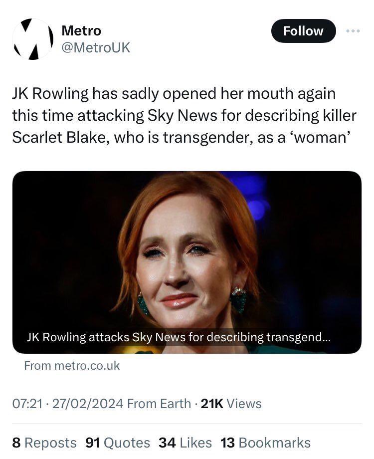 We remain grateful that principled, high-profile women like @jk_rowling are courageous enough to keep speaking out against this anti-woman ideology. Shame on @MetroUK for this tweet. #WeWillNotBeQuiet #HesAMan