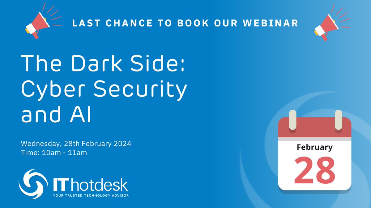 🚨 Last chance to book our webinar🚨

Don't miss out on our exclusive webinar - 'The Dark Side: Cyber Security and AI' with AJ Johnstone, our Cyber Security Architect at IT Hotdesk! It's your final opportunity to secure a spot
.
🔒 Reserve your spot now: hubs.ly/Q02m1-K_0