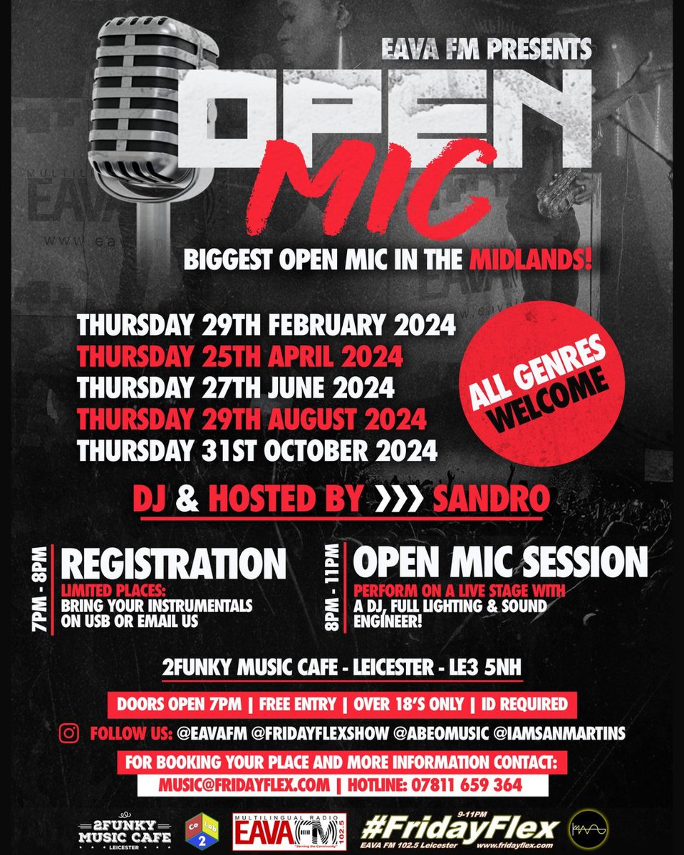 Our *EAVA FM Open Mic* event is back & its *FREE*! *It the biggest OPEN MIC in the Midlands!* 🎧DJ & Hosted by *Sandro* at *2Funky Music Cafe*, Leicester, registration 7pm till 8pm *LIMITED PLACES*! Tell a friend to tell a friend, see you all there!