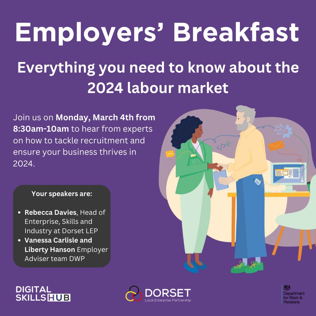 Employers' Breakfast - everything you need to know about the 2024 labour market. 📅4 March ⏰08:30 - 10:00 📍Digital Skills Hub, Boscombe @business_bcp please repost! For more information on the event and to book you place check out this link 👇 pulse.ly/xblnndurqs