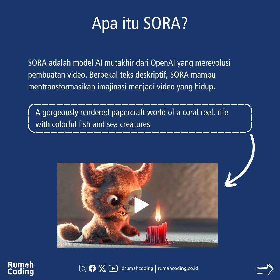 idrumahcoding's tweet image. Udah tau SORA? SORA adalah model AI mutakhir dari OpenAI yang merevolusi pembuatan video. Berbekal teks deskriptif, SORA mampu mentransformasikan imajinasi menjadi video yang hidup. 

#SORA #OpenAI #AI #TextToVideo