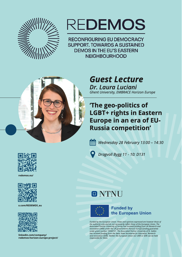 1 more day until the first @REDEMOS_eu guest lecture of the year with the great @lau_luciani . Join us tomorrow if you happen to be in beautiful Trondheim. 👇👇👇 #geopolitics #EUforeignpolicy #Russia #EasternEurope #LGBTQ