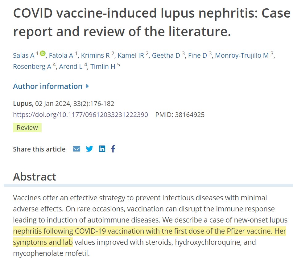 Lupus nephritis is an inflammation of the kidneys⬇️

We describe a case of new-onset lupus nephritis following  vaccination with the first dose of the #Pfizer #mRNA vaccine.
europepmc.org/article/MED/38…