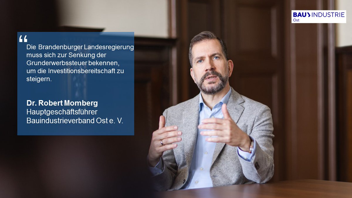 Steuerpolitische Anreize wie die degressive #AfA und die konsequente #Digitalisierung der für das Bauen und Planen zuständigen Ämter können den geschwächten #Wohnungsbau wieder stärken, so <a href="/Bauindustrie/">Bauindustrie Ost</a> -HGF Dr. Robert Momberg. CC: <a href="/MIL_Brandenburg/">MIL Brandenburg</a> /  shorturl.at/eoyQS