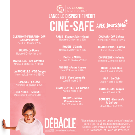 Nous sommes ravis de soutenir la sortie du #film Débâcle, en salle dès demain ! Des séances #cinésafe seront proposées ! Elles visent à prévenir le public du contenu difficile du film et à offrir un accompagnement avant, pendant et après la projection.👉cnape.fr/decouvrez-le-f…