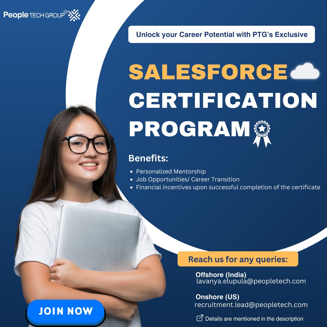 PeopleTechInc's tweet image. Join PTG&apos;s Salesforce Certification Program for career growth and exclusive perks! 

Send your resume to Bhaskar.Akula@peopletech.com (Offshore, India) or Swathi.Padala@peopletech.com (Onshore, US). Let&apos;s unlock success together! 

#PTG #SalesforceCertification