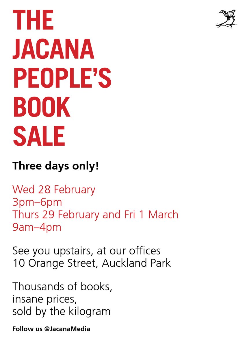 JacanaMedia's tweet photo. Don't miss out on the Jacana People's Book Sale - 3 days only!

⏰: Wed 28 Feb,
          3pm-6pm
⏰: Thurs 29 Feb &amp; Fri 1 March,
           9am - 4pm
📍: 10 Orange Street, Auckland Park

See you there! 😉👍 https://t.co/cSqzMGtIkk