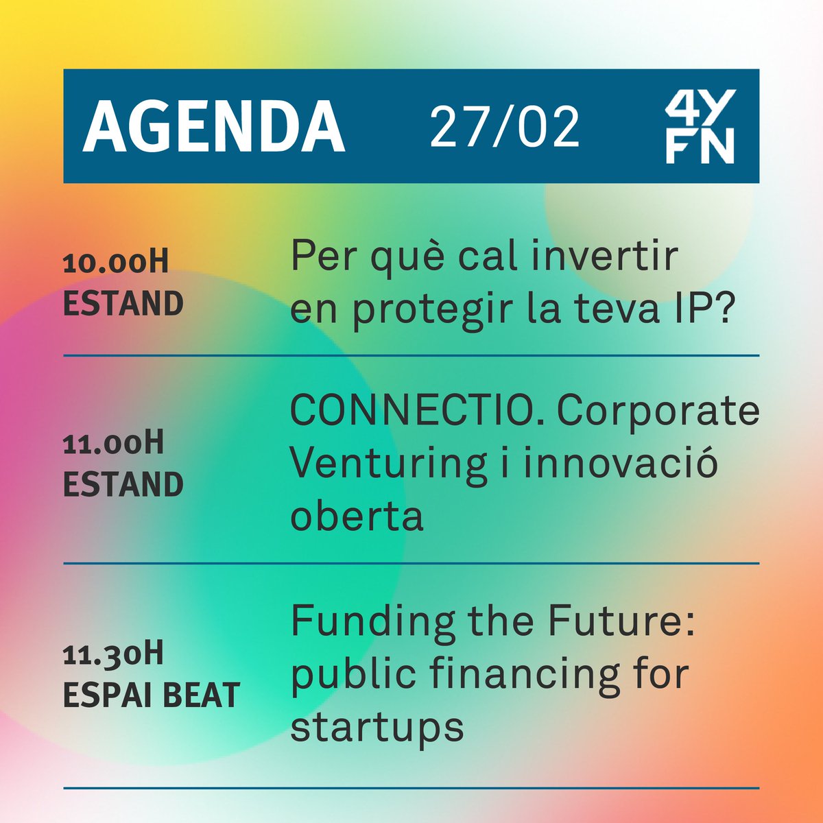 barcelonactiva's tweet photo. Estàs a punt? Comença la segona jornada de #4YFN en el marc del #MWC24! 🚀

🔛 Vine i gaudeix de xerrades sobre finançament públic i patents, #healthtech, pitchings i els tastos al #foodcorner.

Consulta l’agenda! https://t.co/na4WqeZUDP