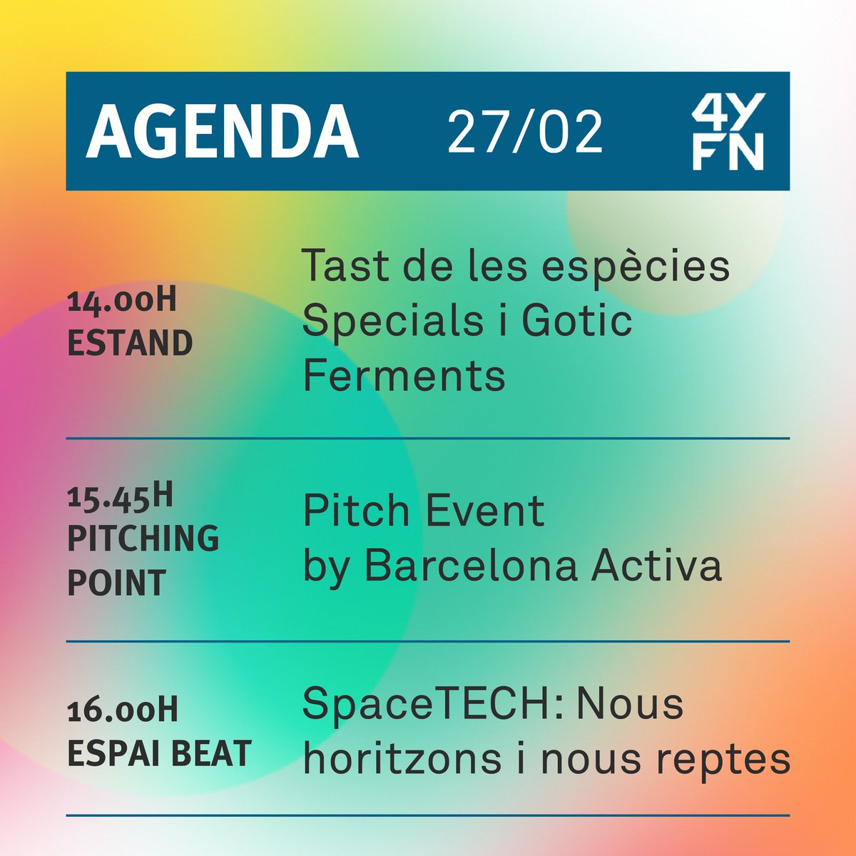 barcelonactiva's tweet photo. Estàs a punt? Comença la segona jornada de #4YFN en el marc del #MWC24! 🚀

🔛 Vine i gaudeix de xerrades sobre finançament públic i patents, #healthtech, pitchings i els tastos al #foodcorner.

Consulta l’agenda! https://t.co/na4WqeZUDP