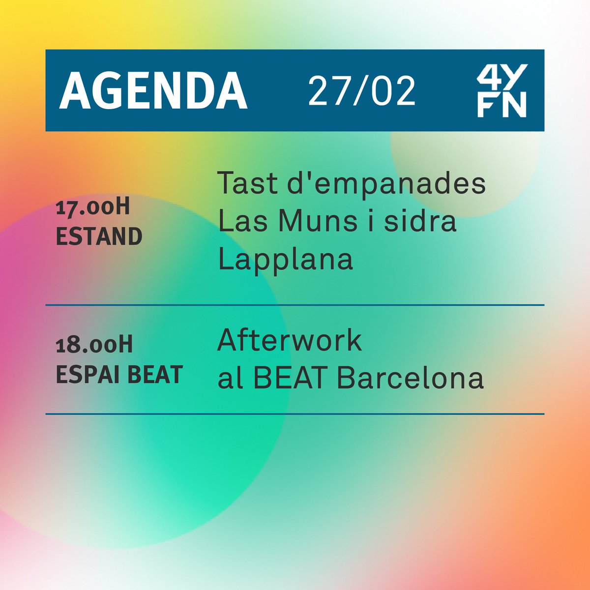 barcelonactiva's tweet photo. Estàs a punt? Comença la segona jornada de #4YFN en el marc del #MWC24! 🚀

🔛 Vine i gaudeix de xerrades sobre finançament públic i patents, #healthtech, pitchings i els tastos al #foodcorner.

Consulta l’agenda! https://t.co/na4WqeZUDP