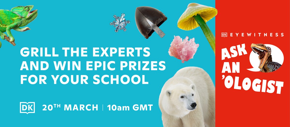 Has your class got burning, mind-boggling questions for DK’s ’Ologists?

FUNGI

ROCKS, GEMS &amp; CRYSTALS

VIKINGS

WEATHER &amp; CLIMATE CHANGE

Get involved and send in your questions before 10th March to win epic prizes for your school.

geni.us/DKAskAnOlogist…

#ad #sponsored