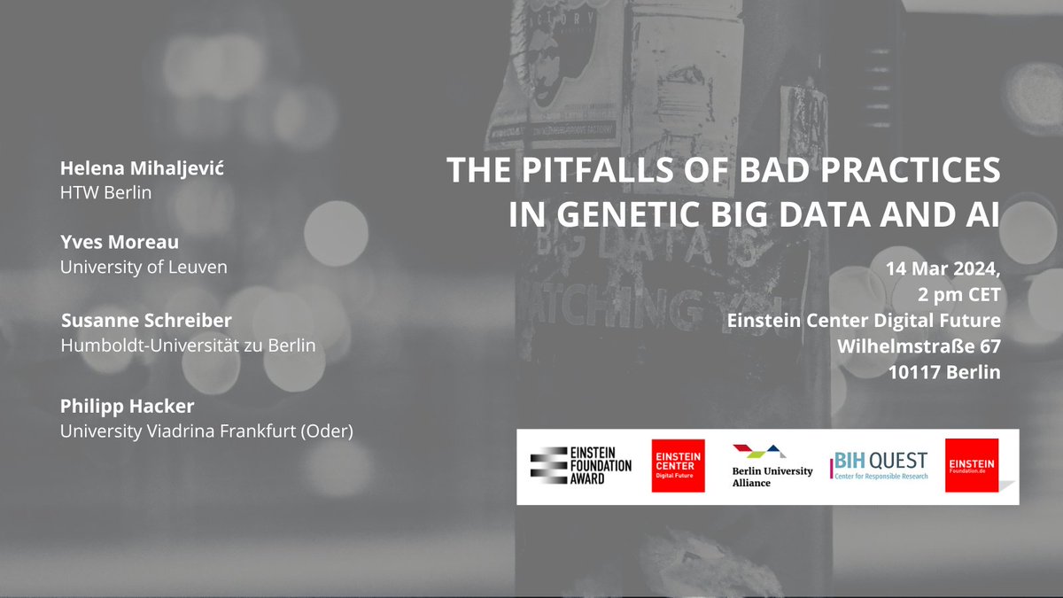 How important are ethical standards for the collection, use & analysis of personal data by artificial intelligence?
'THE PITFALLS OF BAD PRACTICES IN GENETIC BIG DATA & AI', Keynote & panel @ECDigitalFuture, 14/03, 2pm CET! @berlinnovation @BerlinUAlliance
einsteinfoundation.de/en/insights/ev…