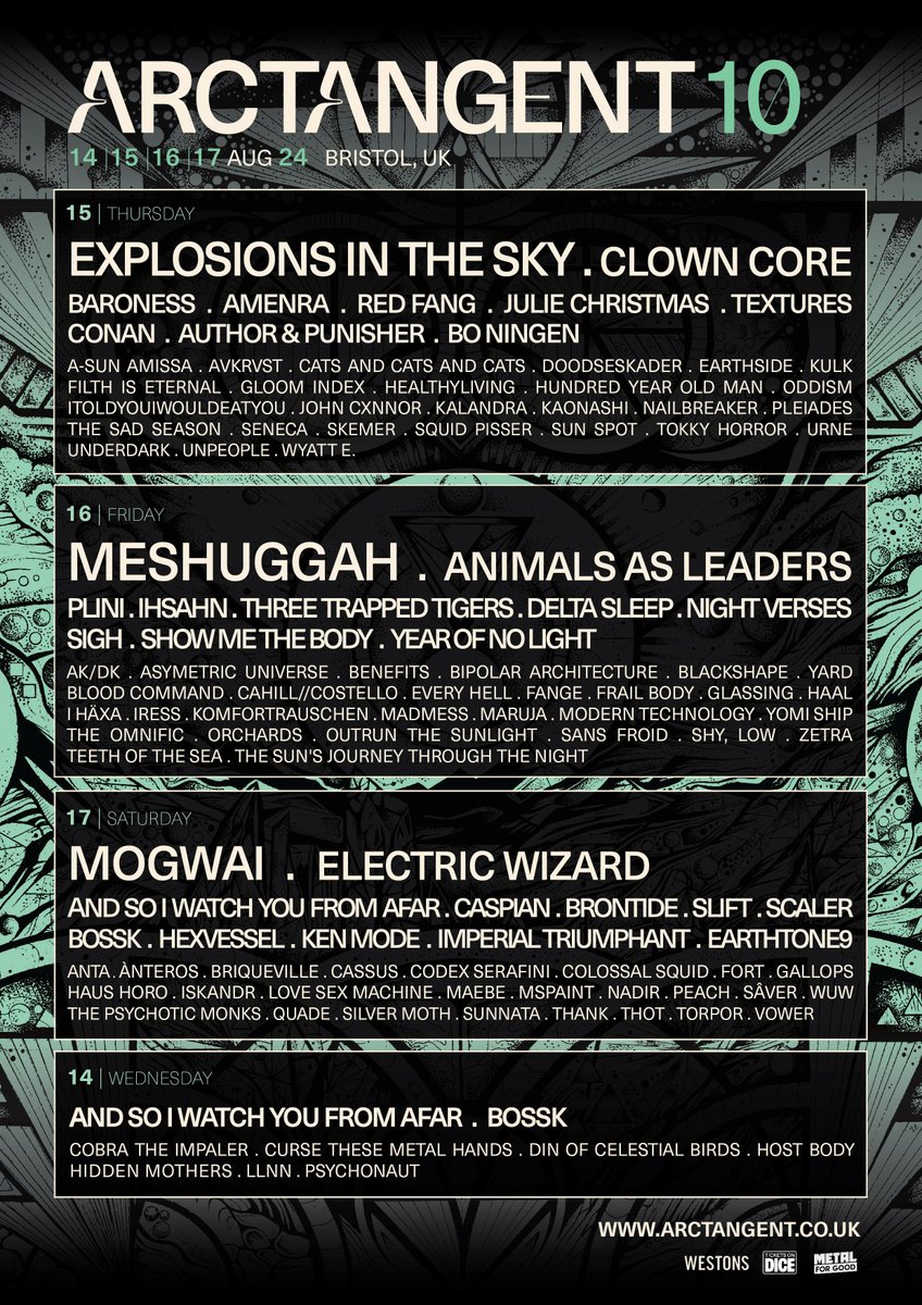 📣 ANNOUNCEMENT 📣 

We're excited to share more handpicked additions for the 2024 edition of ATG, completing this year's diverse and eclectic line up in celebration of 10 years of ArcTanGent.

Tickets are on sale now at arctangent.co.uk/tickets