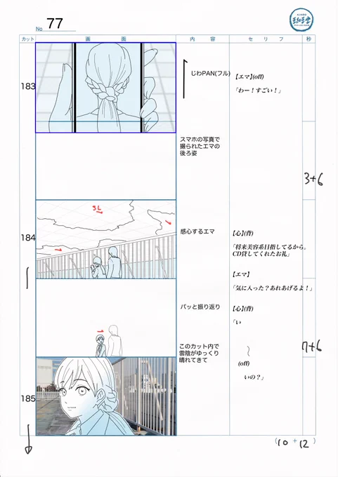 コンテのト書部分に赤で註釈が入っているのは先生からの修正点ですね。
台詞だけでなく姿勢や表情などにも細かくチェックをもらっています。

8話は当然、原作に高校時代の3人が出てくるよりもはるか前から作業に入ってますので、キャラクターのラフ絵も提出いただいてます。 
