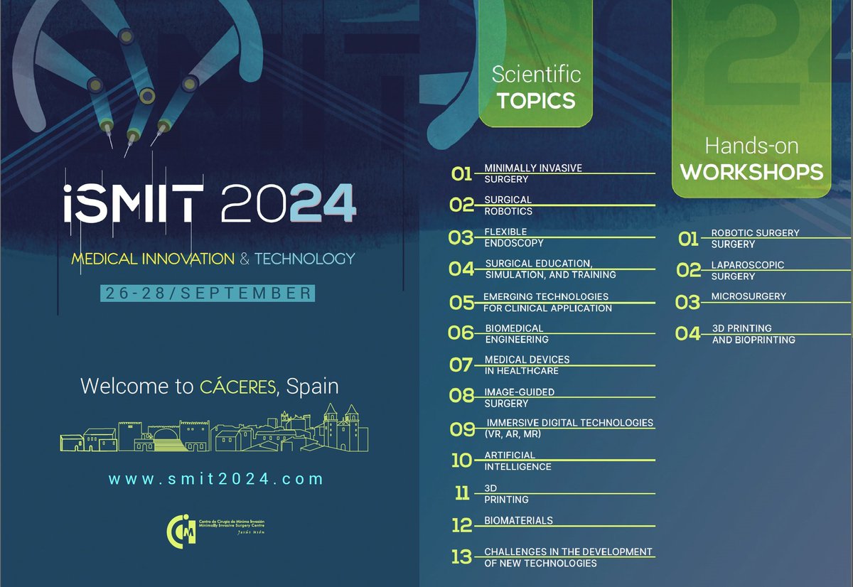 ccmijesususon's tweet photo. Welcome to iSMIT on September 26-28, 2024 in Cáceres (Spain) at @ccmijesususon Deadlines to submit your abstracts are now open up to April 30, 2024. Check out guidelines: https://t.co/ReDFY6TV4h
@campusccmiju @Nanbiosis @SeclaEndosurg @int_SMIT
@SEIQuirurgica #seib #ifcars https://t.co/dfCQwHGdBF