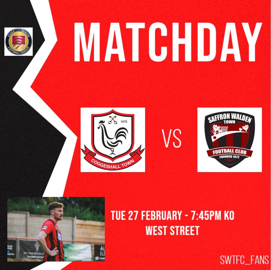 MATCHDAY!!! 🆚 @CoggeshallTown 🏟️ West Street 🏆 @EssexSenior ⏰ 7:45pm KO Assuming their pitch is ok we travel to bottom side Coggeshall in search of a win in our first game in ten days… #upthebloods @NUTSY10 @JamesFalaise @acc_ada @StuartVant @youngy2mark @karlwoodley28